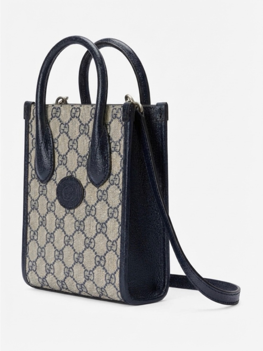Gucci Navy GG Supreme Mini Tote with Navy Leather Trim